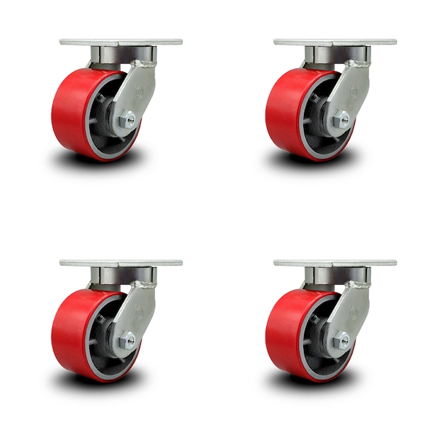 6 Inch Extra Heavy Duty Red Poly on Cast Iron Wheel Swivel Caster, 4PK